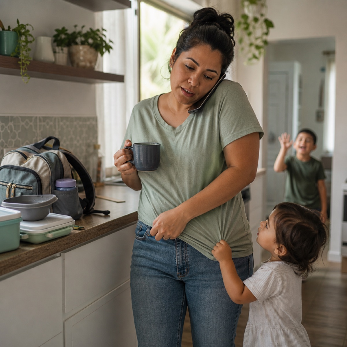 Mamá en la cocina: hijo, mochilas, teléfono y mil cosas a la vez